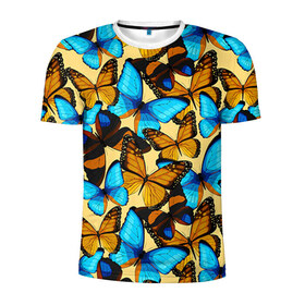 Мужская футболка 3D спортивная с принтом Бабочки в Екатеринбурге, 100% полиэстер с улучшенными характеристиками | приталенный силуэт, круглая горловина, широкие плечи, сужается к линии бедра | коричневый | синий