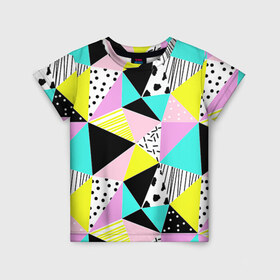 Детская футболка 3D с принтом Треугольнички в Екатеринбурге, 100% гипоаллергенный полиэфир | прямой крой, круглый вырез горловины, длина до линии бедер, чуть спущенное плечо, ткань немного тянется | лоскутное шитье | полигоны | разноцветный | яркий