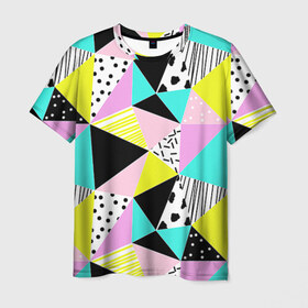 Мужская футболка 3D с принтом Треугольнички в Екатеринбурге, 100% полиэфир | прямой крой, круглый вырез горловины, длина до линии бедер | лоскутное шитье | полигоны | разноцветный | яркий