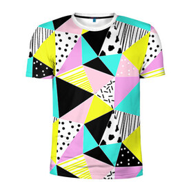 Мужская футболка 3D спортивная с принтом Треугольнички в Екатеринбурге, 100% полиэстер с улучшенными характеристиками | приталенный силуэт, круглая горловина, широкие плечи, сужается к линии бедра | лоскутное шитье | полигоны | разноцветный | яркий