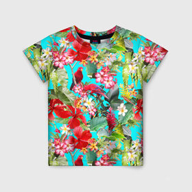 Детская футболка 3D с принтом Тропический мир в Екатеринбурге, 100% гипоаллергенный полиэфир | прямой крой, круглый вырез горловины, длина до линии бедер, чуть спущенное плечо, ткань немного тянется | паттерн | разноцветный | тропики | цветы | яркий