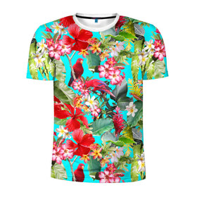 Мужская футболка 3D спортивная с принтом Тропический мир в Екатеринбурге, 100% полиэстер с улучшенными характеристиками | приталенный силуэт, круглая горловина, широкие плечи, сужается к линии бедра | паттерн | разноцветный | тропики | цветы | яркий