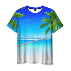 Мужская футболка 3D с принтом Лазурный берег в Екатеринбурге, 100% полиэфир | прямой крой, круглый вырез горловины, длина до линии бедер | Тематика изображения на принте: берег | лето | море | океан | отдых | пальма | песок