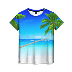 Женская футболка 3D с принтом Лазурный берег в Екатеринбурге, 100% полиэфир ( синтетическое хлопкоподобное полотно) | прямой крой, круглый вырез горловины, длина до линии бедер | берег | лето | море | океан | отдых | пальма | песок