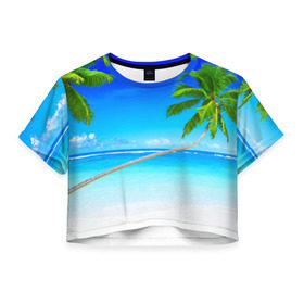 Женская футболка 3D укороченная с принтом Лазурный берег в Екатеринбурге, 100% полиэстер | круглая горловина, длина футболки до линии талии, рукава с отворотами | берег | лето | море | океан | отдых | пальма | песок