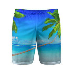 Мужские шорты 3D спортивные с принтом Лазурный берег в Екатеринбурге,  |  | Тематика изображения на принте: берег | лето | море | океан | отдых | пальма | песок