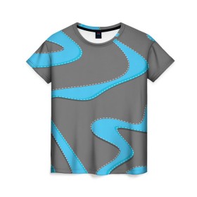 Женская футболка 3D с принтом Кривые линии в Екатеринбурге, 100% полиэфир ( синтетическое хлопкоподобное полотно) | прямой крой, круглый вырез горловины, длина до линии бедер | асфальт | белый | вышивка | кривые линии | мокрый | серый | строчка | цвет