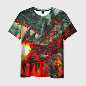 Мужская футболка 3D с принтом Дракон в Екатеринбурге, 100% полиэфир | прямой крой, круглый вырез горловины, длина до линии бедер | дракон | лава | огонь | пламя