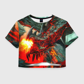 Женская футболка 3D укороченная с принтом Дракон в Екатеринбурге, 100% полиэстер | круглая горловина, длина футболки до линии талии, рукава с отворотами | дракон | лава | огонь | пламя