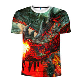 Мужская футболка 3D спортивная с принтом Дракон в Екатеринбурге, 100% полиэстер с улучшенными характеристиками | приталенный силуэт, круглая горловина, широкие плечи, сужается к линии бедра | дракон | лава | огонь | пламя