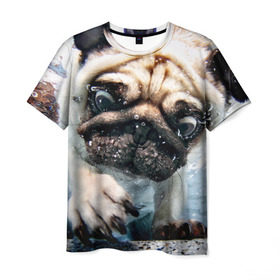 Мужская футболка 3D с принтом Мопс в Екатеринбурге, 100% полиэфир | прямой крой, круглый вырез горловины, длина до линии бедер | animal | breed | bubbles | diving | dog | eyes bulging | pug | water | вода | выпученные | глаза | животное | мопс | ныряет | порода | пузыри | собака