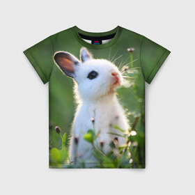 Детская футболка 3D с принтом Кролик в Екатеринбурге, 100% гипоаллергенный полиэфир | прямой крой, круглый вырез горловины, длина до линии бедер, чуть спущенное плечо, ткань немного тянется | animal | baby | cute | flowers | fluffy | hare | lawn | little | meadow | rabbit | животное | заяц | кролик | луг | лужайка | маленький | малыш | милый | пушистый | цветы