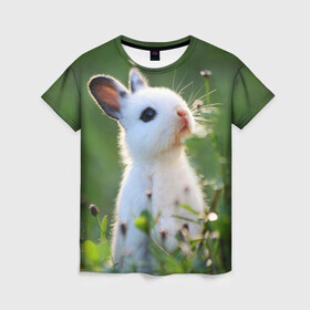 Женская футболка 3D с принтом Кролик в Екатеринбурге, 100% полиэфир ( синтетическое хлопкоподобное полотно) | прямой крой, круглый вырез горловины, длина до линии бедер | animal | baby | cute | flowers | fluffy | hare | lawn | little | meadow | rabbit | животное | заяц | кролик | луг | лужайка | маленький | малыш | милый | пушистый | цветы