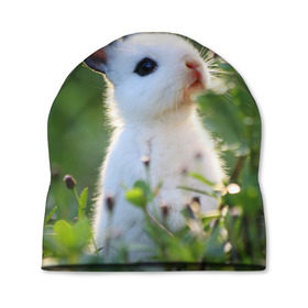 Шапка 3D с принтом Кролик в Екатеринбурге, 100% полиэстер | универсальный размер, печать по всей поверхности изделия | animal | baby | cute | flowers | fluffy | hare | lawn | little | meadow | rabbit | животное | заяц | кролик | луг | лужайка | маленький | малыш | милый | пушистый | цветы