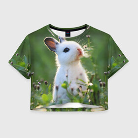 Женская футболка 3D укороченная с принтом Кролик в Екатеринбурге, 100% полиэстер | круглая горловина, длина футболки до линии талии, рукава с отворотами | animal | baby | cute | flowers | fluffy | hare | lawn | little | meadow | rabbit | животное | заяц | кролик | луг | лужайка | маленький | малыш | милый | пушистый | цветы