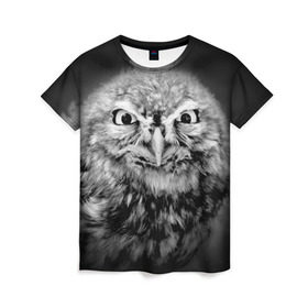 Женская футболка 3D с принтом Сова в Екатеринбурге, 100% полиэфир ( синтетическое хлопкоподобное полотно) | прямой крой, круглый вырез горловины, длина до линии бедер | beak | bird | eyes | fear | hypnosis | look | night | owl | predator | взгляд | гипноз | глаза | клюв | ночь | птица | сова | хищник