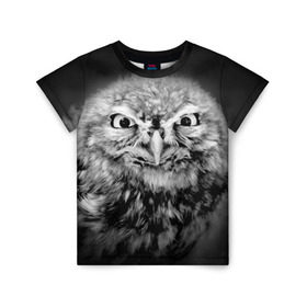 Детская футболка 3D с принтом Сова в Екатеринбурге, 100% гипоаллергенный полиэфир | прямой крой, круглый вырез горловины, длина до линии бедер, чуть спущенное плечо, ткань немного тянется | beak | bird | eyes | fear | hypnosis | look | night | owl | predator | взгляд | гипноз | глаза | клюв | ночь | птица | сова | хищник