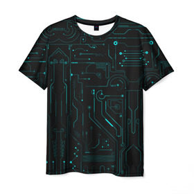 Мужская футболка 3D с принтом Hi-Tech в Екатеринбурге, 100% полиэфир | прямой крой, круглый вырез горловины, длина до линии бедер | микросхема | чертеж