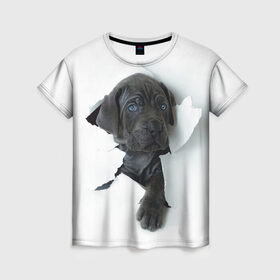 Женская футболка 3D с принтом щенок Кане Корсо в Екатеринбурге, 100% полиэфир ( синтетическое хлопкоподобное полотно) | прямой крой, круглый вырез горловины, длина до линии бедер | animal | black | break | breed | dog | kid | paper | puppy | tear | torn | дог | животное | малыш | порода | прорыв | разрыв | рваная | собака | черный | щенок