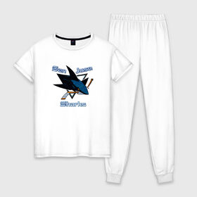 Женская пижама хлопок с принтом San Jose Sharks hockey в Екатеринбурге, 100% хлопок | брюки и футболка прямого кроя, без карманов, на брюках мягкая резинка на поясе и по низу штанин | nhl | san jose sharks | спорт | хоккей