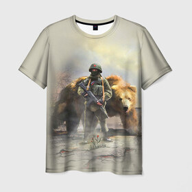 Мужская футболка 3D с принтом Русский медведь и солдат в Екатеринбурге, 100% полиэфир | прямой крой, круглый вырез горловины, длина до линии бедер | russia | армия | медведь | оружие | российская федерация | россия | русский  | рф | силовые структуры