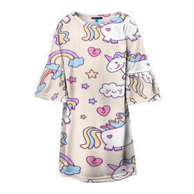 Детское платье 3D с принтом Радужные Единорожки в Екатеринбурге, 100% полиэстер | прямой силуэт, чуть расширенный к низу. Круглая горловина, на рукавах — воланы | Тематика изображения на принте: unicorn | белый | единорог | лошадь | облако | радуга | розовый | сердце | улыбка | фиолетовый | цвет