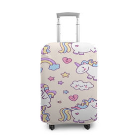 Чехол для чемодана 3D с принтом Радужные Единорожки в Екатеринбурге, 86% полиэфир, 14% спандекс | двустороннее нанесение принта, прорези для ручек и колес | unicorn | белый | единорог | лошадь | облако | радуга | розовый | сердце | улыбка | фиолетовый | цвет