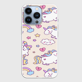 Чехол для iPhone 13 Pro с принтом Радужные Единорожки в Екатеринбурге,  |  | unicorn | белый | единорог | лошадь | облако | радуга | розовый | сердце | улыбка | фиолетовый | цвет