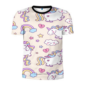 Мужская футболка 3D спортивная с принтом Радужные Единорожки в Екатеринбурге, 100% полиэстер с улучшенными характеристиками | приталенный силуэт, круглая горловина, широкие плечи, сужается к линии бедра | unicorn | белый | единорог | лошадь | облако | радуга | розовый | сердце | улыбка | фиолетовый | цвет