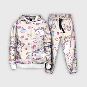 Детский костюм 3D с принтом Радужные Единорожки в Екатеринбурге,  |  | unicorn | белый | единорог | лошадь | облако | радуга | розовый | сердце | улыбка | фиолетовый | цвет