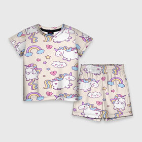 Детский костюм с шортами 3D с принтом Радужные Единорожки в Екатеринбурге,  |  | unicorn | белый | единорог | лошадь | облако | радуга | розовый | сердце | улыбка | фиолетовый | цвет