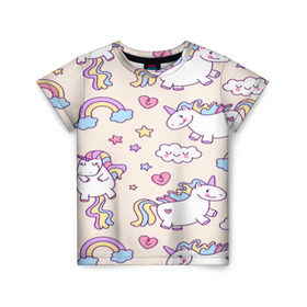 Детская футболка 3D с принтом Радужные Единорожки в Екатеринбурге, 100% гипоаллергенный полиэфир | прямой крой, круглый вырез горловины, длина до линии бедер, чуть спущенное плечо, ткань немного тянется | unicorn | белый | единорог | лошадь | облако | радуга | розовый | сердце | улыбка | фиолетовый | цвет