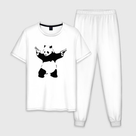 Мужская пижама хлопок с принтом Panda & Guns в Екатеринбурге, 100% хлопок | брюки и футболка прямого кроя, без карманов, на брюках мягкая резинка на поясе и по низу штанин
 | Тематика изображения на принте: panda | крутой | оружие | панда | пистолет | револьвер | рисунок