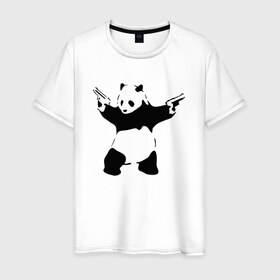 Мужская футболка хлопок с принтом Panda & Guns в Екатеринбурге, 100% хлопок | прямой крой, круглый вырез горловины, длина до линии бедер, слегка спущенное плечо. | Тематика изображения на принте: panda | крутой | оружие | панда | пистолет | револьвер | рисунок
