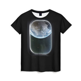 Женская футболка 3D с принтом Земля в иллюминаторе в Екатеринбурге, 100% полиэфир ( синтетическое хлопкоподобное полотно) | прямой крой, круглый вырез горловины, длина до линии бедер | земля | космический корабль | космос | планета