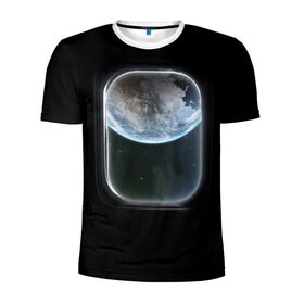 Мужская футболка 3D спортивная с принтом Земля в иллюминаторе в Екатеринбурге, 100% полиэстер с улучшенными характеристиками | приталенный силуэт, круглая горловина, широкие плечи, сужается к линии бедра | земля | космический корабль | космос | планета