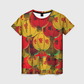 Женская футболка 3D с принтом Японские фонарики в Екатеринбурге, 100% полиэфир ( синтетическое хлопкоподобное полотно) | прямой крой, круглый вырез горловины, длина до линии бедер | азия | туризм | фонарики | этнография | япония