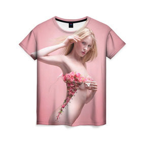 Женская футболка 3D с принтом Сюрреализм в Екатеринбурге, 100% полиэфир ( синтетическое хлопкоподобное полотно) | прямой крой, круглый вырез горловины, длина до линии бедер | blonde | flowers | girl | lace | naked | nude | photo | surrealism | блондинка | девушка | сюрреализм | фото | цветы | шнуровка