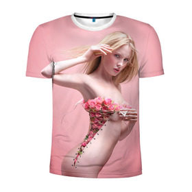 Мужская футболка 3D спортивная с принтом Сюрреализм в Екатеринбурге, 100% полиэстер с улучшенными характеристиками | приталенный силуэт, круглая горловина, широкие плечи, сужается к линии бедра | blonde | flowers | girl | lace | naked | nude | photo | surrealism | блондинка | девушка | сюрреализм | фото | цветы | шнуровка
