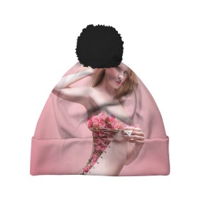 Шапка 3D c помпоном с принтом Сюрреализм в Екатеринбурге, 100% полиэстер | универсальный размер, печать по всей поверхности изделия | blonde | flowers | girl | lace | naked | nude | photo | surrealism | блондинка | девушка | сюрреализм | фото | цветы | шнуровка