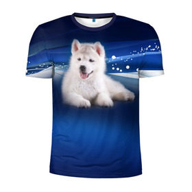 Мужская футболка 3D спортивная с принтом Щенок хаски в Екатеринбурге, 100% полиэстер с улучшенными характеристиками | приталенный силуэт, круглая горловина, широкие плечи, сужается к линии бедра | кутёнок | прикольные картинки | собака | хаска | щенок