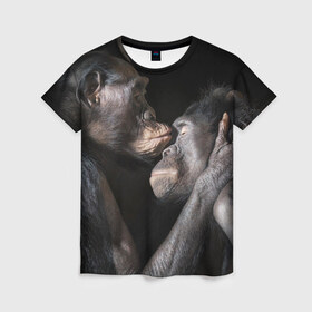 Женская футболка 3D с принтом Шимпанзе в Екатеринбурге, 100% полиэфир ( синтетическое хлопкоподобное полотно) | прямой крой, круглый вырез горловины, длина до линии бедер | chimps | family | feelings | kiss | monkeys | primates | любовь | обезьяны | поцелуй | приматы | семья | чувства | шимпанзе