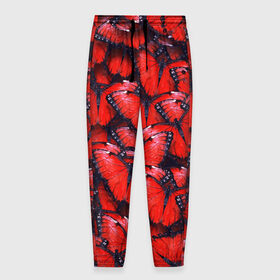 Мужские брюки 3D с принтом Красные бабочки в Екатеринбурге, 100% полиэстер | манжеты по низу, эластичный пояс регулируется шнурком, по бокам два кармана без застежек, внутренняя часть кармана из мелкой сетки | бабочки | крылья | паттерн
