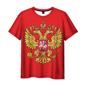 Мужская футболка 3D с принтом Герб России в Екатеринбурге, 100% полиэфир | прямой крой, круглый вырез горловины, длина до линии бедер | вышивка | герб россии | двуглавый орел | держава | красный | москва | скипетр | фон