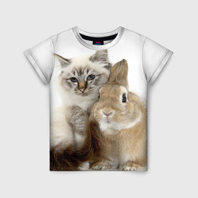 Детская футболка 3D с принтом Кот и кролик в Екатеринбурге, 100% гипоаллергенный полиэфир | прямой крой, круглый вырез горловины, длина до линии бедер, чуть спущенное плечо, ткань немного тянется | Тематика изображения на принте: cat | cute | fluffy | friends | friendship | hug | kitty | rabbit | toddlers | дружба | друзья | кот | котенок | кролик | любовь | малыши | милые | обнимаются | пушистые