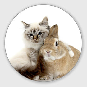 Коврик круглый с принтом Кот и кролик в Екатеринбурге, резина и полиэстер | круглая форма, изображение наносится на всю лицевую часть | Тематика изображения на принте: cat | cute | fluffy | friends | friendship | hug | kitty | rabbit | toddlers | дружба | друзья | кот | котенок | кролик | любовь | малыши | милые | обнимаются | пушистые