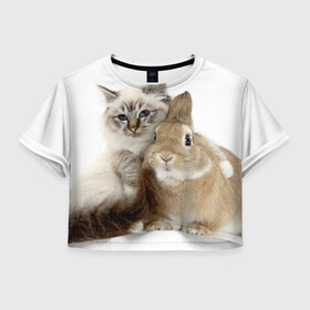 Женская футболка 3D укороченная с принтом Кот и кролик в Екатеринбурге, 100% полиэстер | круглая горловина, длина футболки до линии талии, рукава с отворотами | cat | cute | fluffy | friends | friendship | hug | kitty | rabbit | toddlers | дружба | друзья | кот | котенок | кролик | любовь | малыши | милые | обнимаются | пушистые