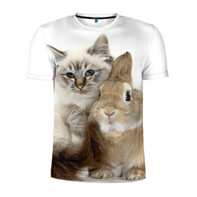 Мужская футболка 3D спортивная с принтом Кот и кролик в Екатеринбурге, 100% полиэстер с улучшенными характеристиками | приталенный силуэт, круглая горловина, широкие плечи, сужается к линии бедра | cat | cute | fluffy | friends | friendship | hug | kitty | rabbit | toddlers | дружба | друзья | кот | котенок | кролик | любовь | малыши | милые | обнимаются | пушистые