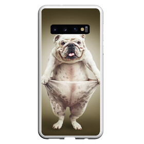 Чехол для Samsung Galaxy S10 с принтом Бульдог английский в Екатеринбурге, Силикон | Область печати: задняя сторона чехла, без боковых панелей | Тематика изображения на принте: animals | breed | dog | english bulldog | funny | joke | pants | surrealism | бульдог английский | животное | порода | прикол | собака | сюрреализм | шутка