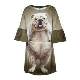 Детское платье 3D с принтом Бульдог английский в Екатеринбурге, 100% полиэстер | прямой силуэт, чуть расширенный к низу. Круглая горловина, на рукавах — воланы | animals | breed | dog | english bulldog | funny | joke | pants | surrealism | бульдог английский | животное | порода | прикол | собака | сюрреализм | шутка